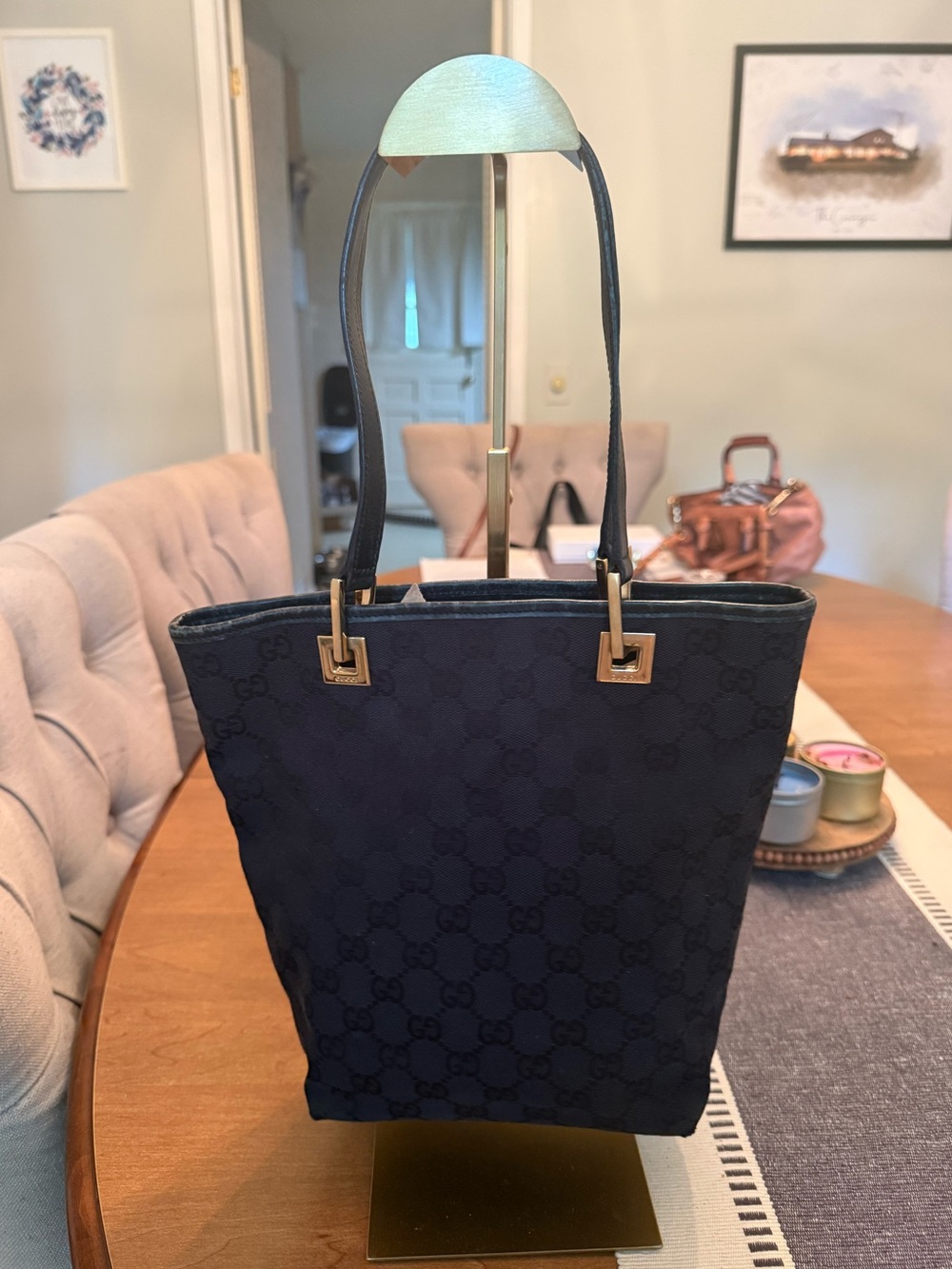 Gucci Black GG Monogram Shoulder Tote with Gold-Tone Hardware